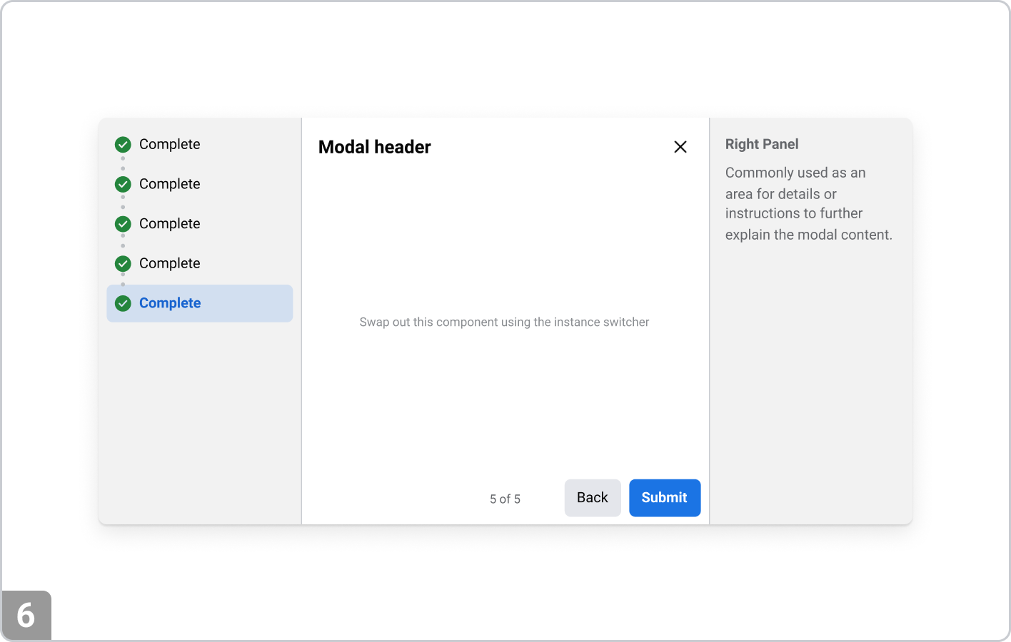 Example of a multi-step modal with left and right panel