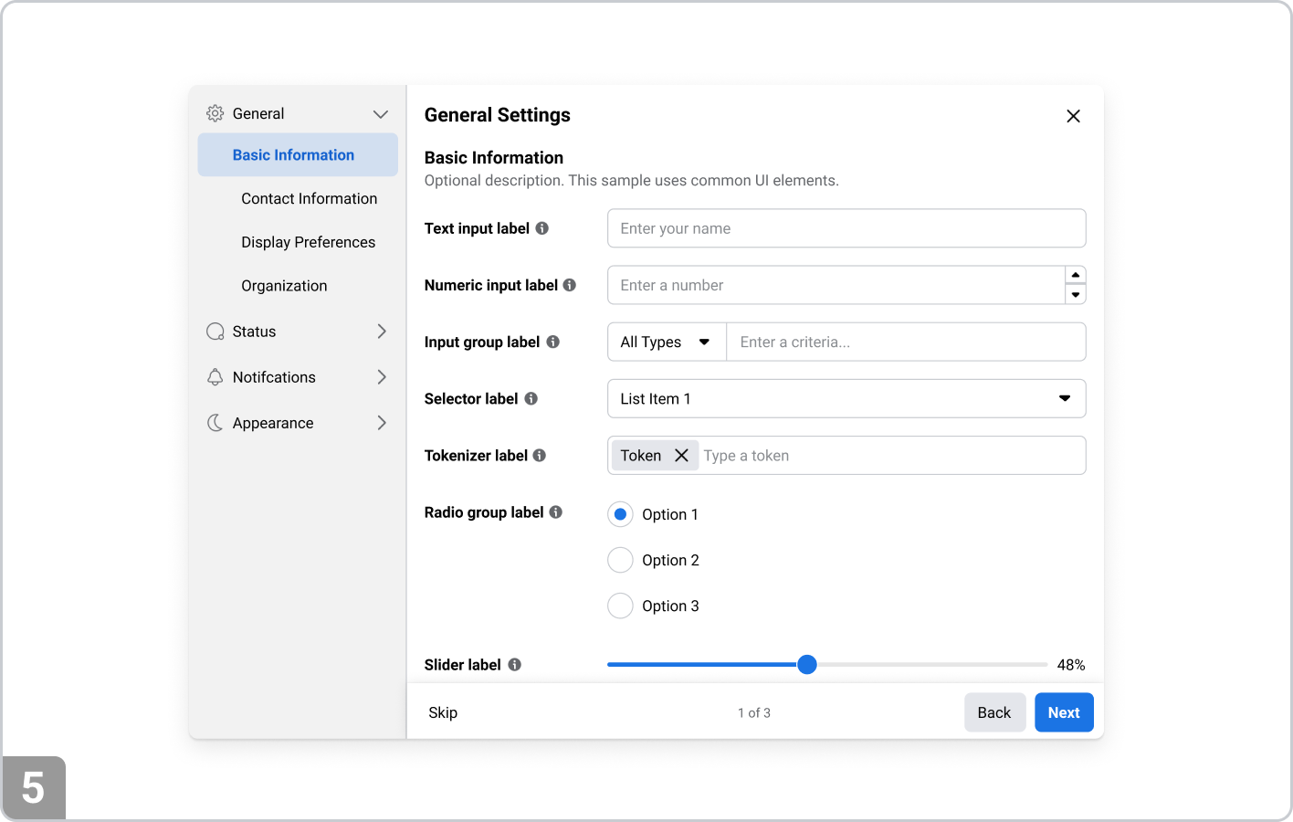 Example of a settings modal
